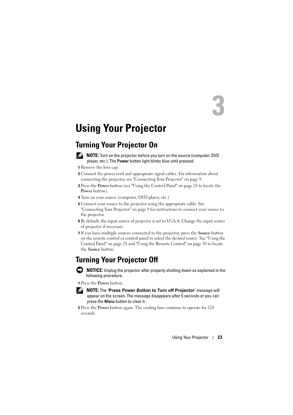 Using your projector, Turning your projector on, Turning your projector off | Dell S300w Projector User Manual | Page 23 / 109