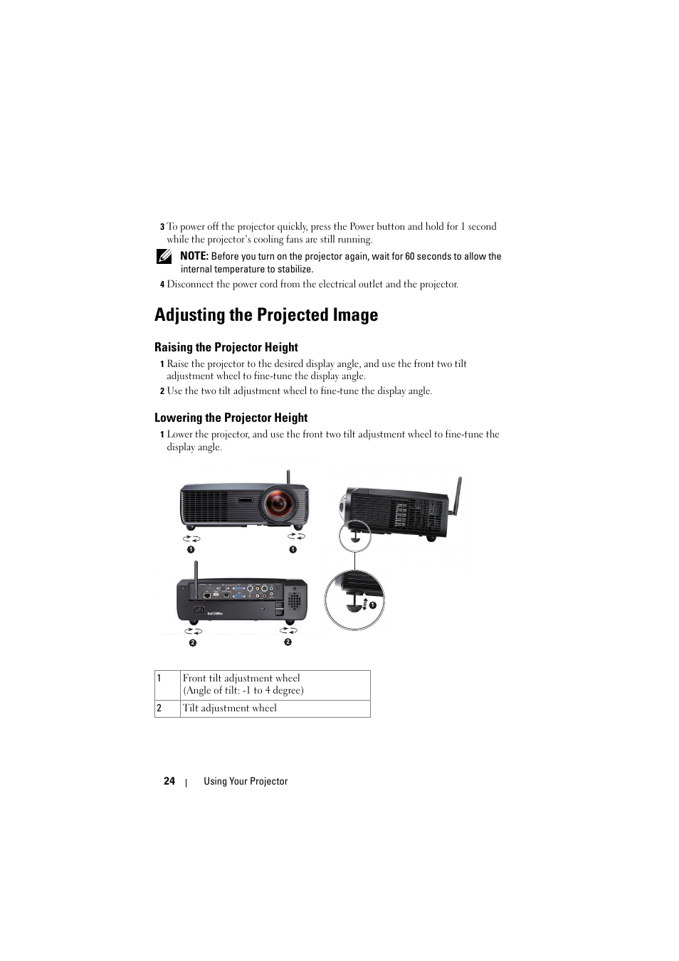 Adjusting the projected image, Raising the projector height, Lowering the projector height | Dell S300w Projector User Manual | Page 24 / 109