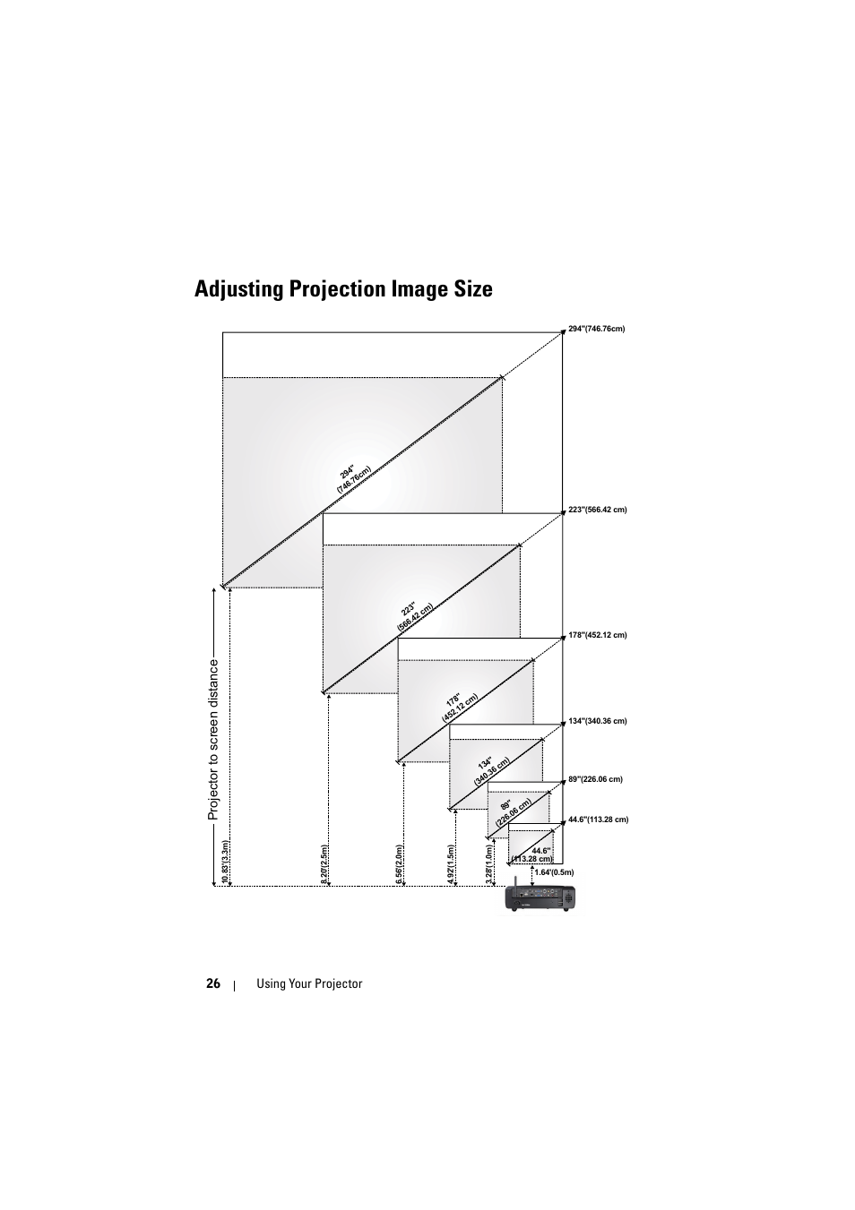 Adjusting projection image size, 26 using your projector, Projector to screen distance | Dell S300w Projector User Manual | Page 26 / 109