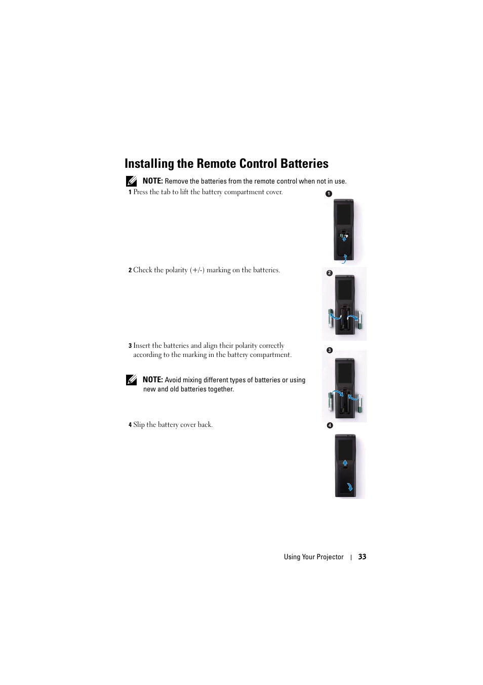 Installing the remote control batteries | Dell S300w Projector User Manual | Page 33 / 109