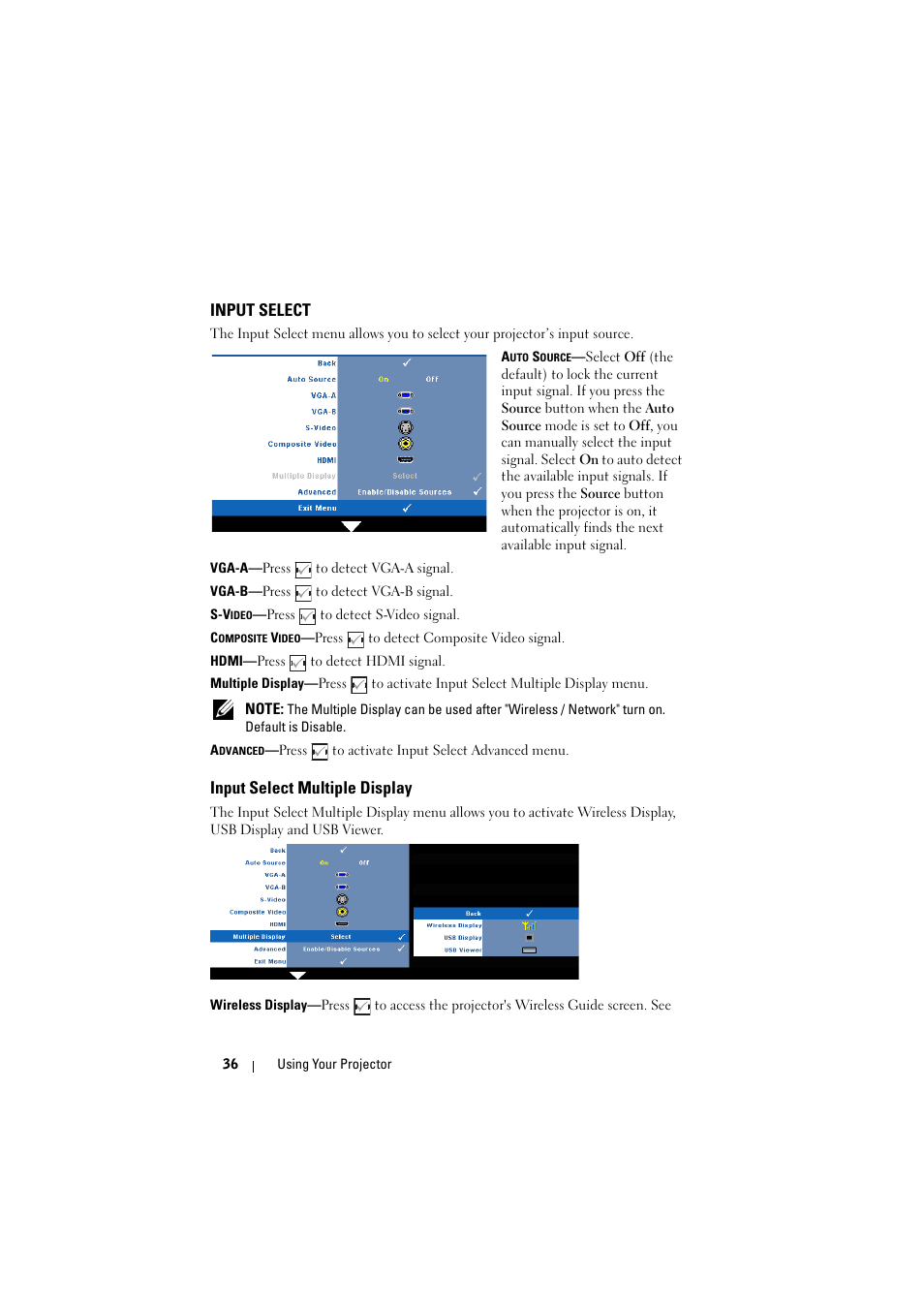 Input select, Input select multiple display | Dell S300w Projector User Manual | Page 36 / 109
