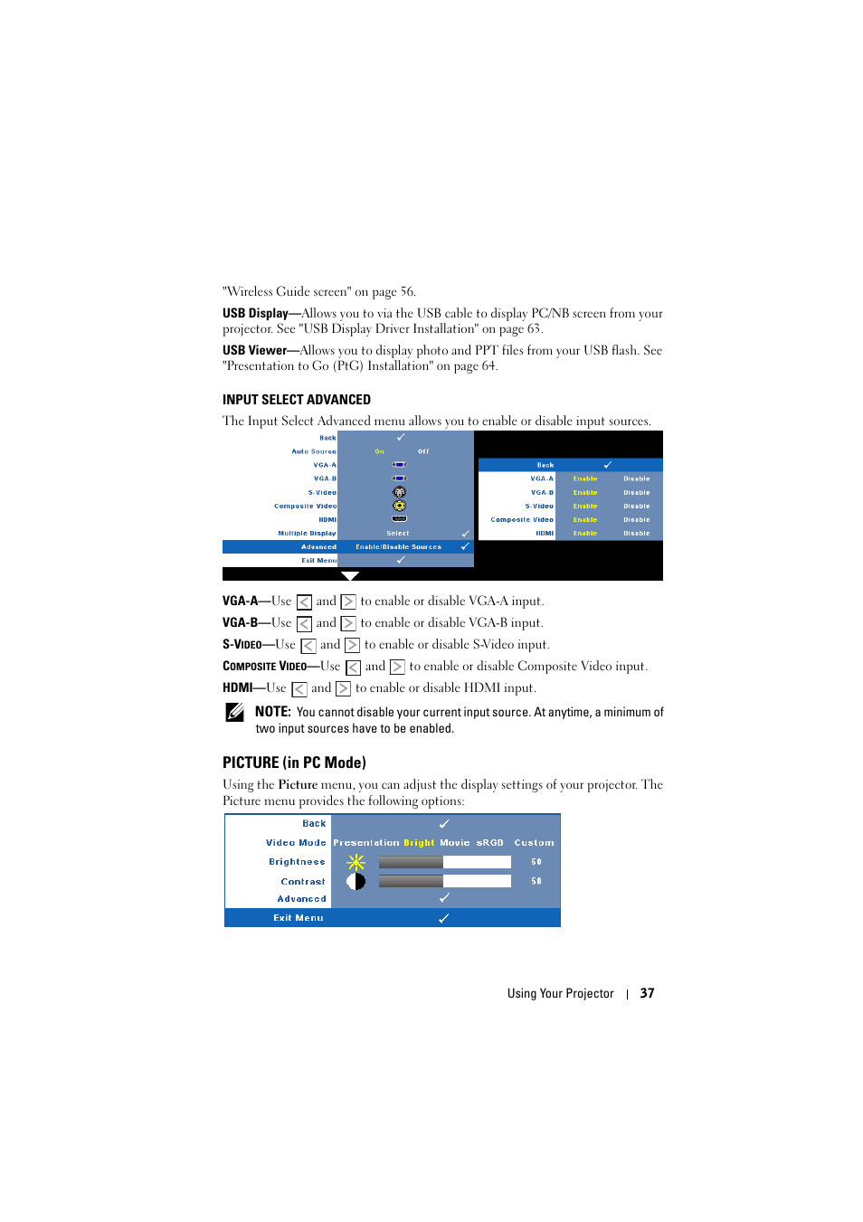 Input select advanced, Picture (in pc mode) | Dell S300w Projector User Manual | Page 37 / 109