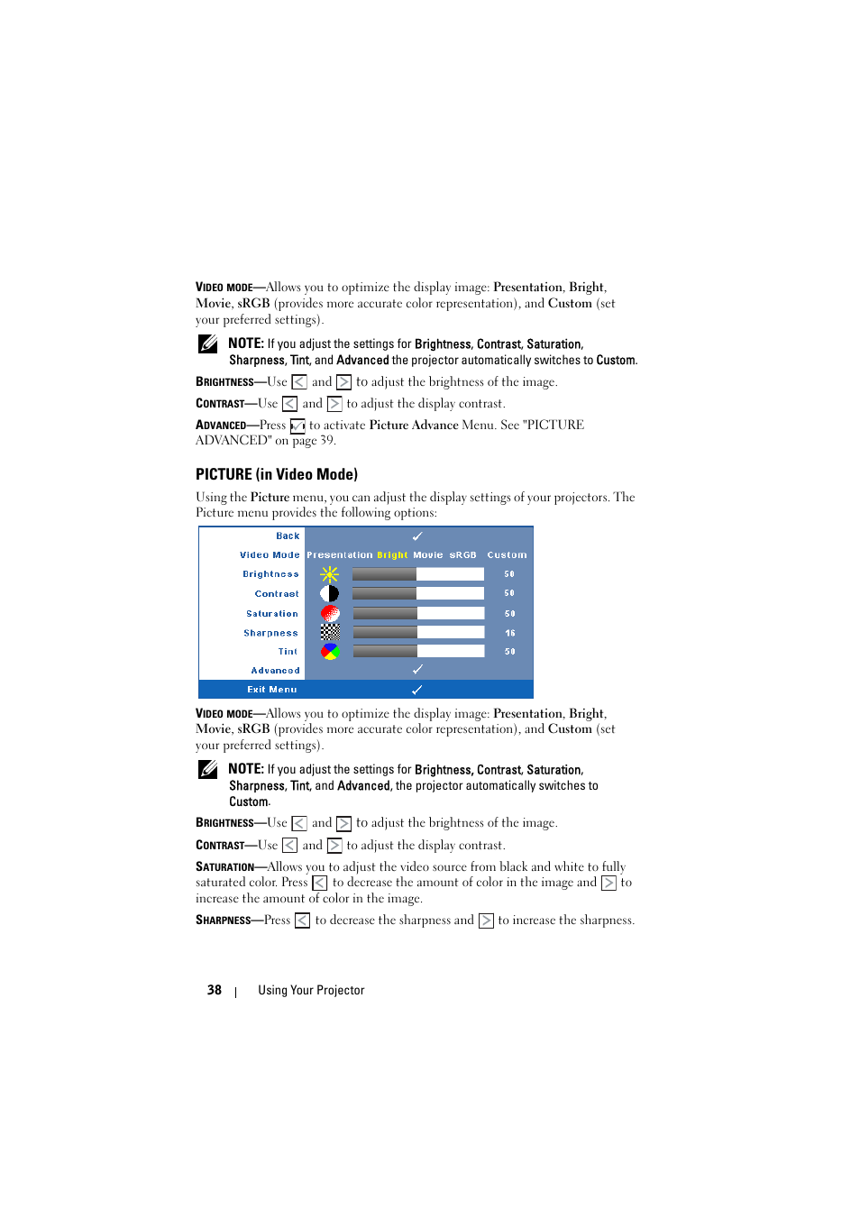 Picture (in video mode) | Dell S300w Projector User Manual | Page 38 / 109