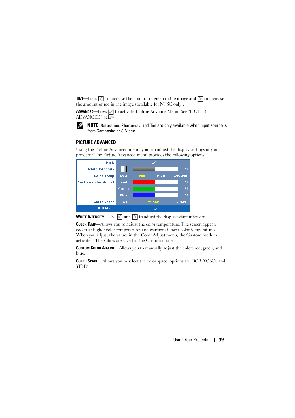 Picture advanced | Dell S300w Projector User Manual | Page 39 / 109