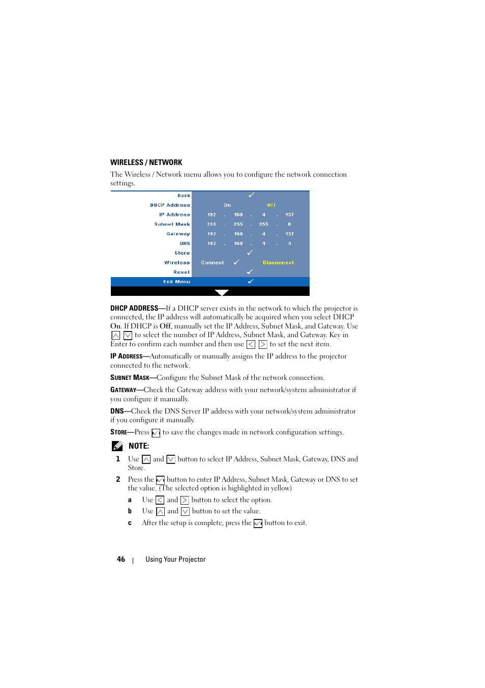 Wireless / network | Dell S300w Projector User Manual | Page 46 / 109