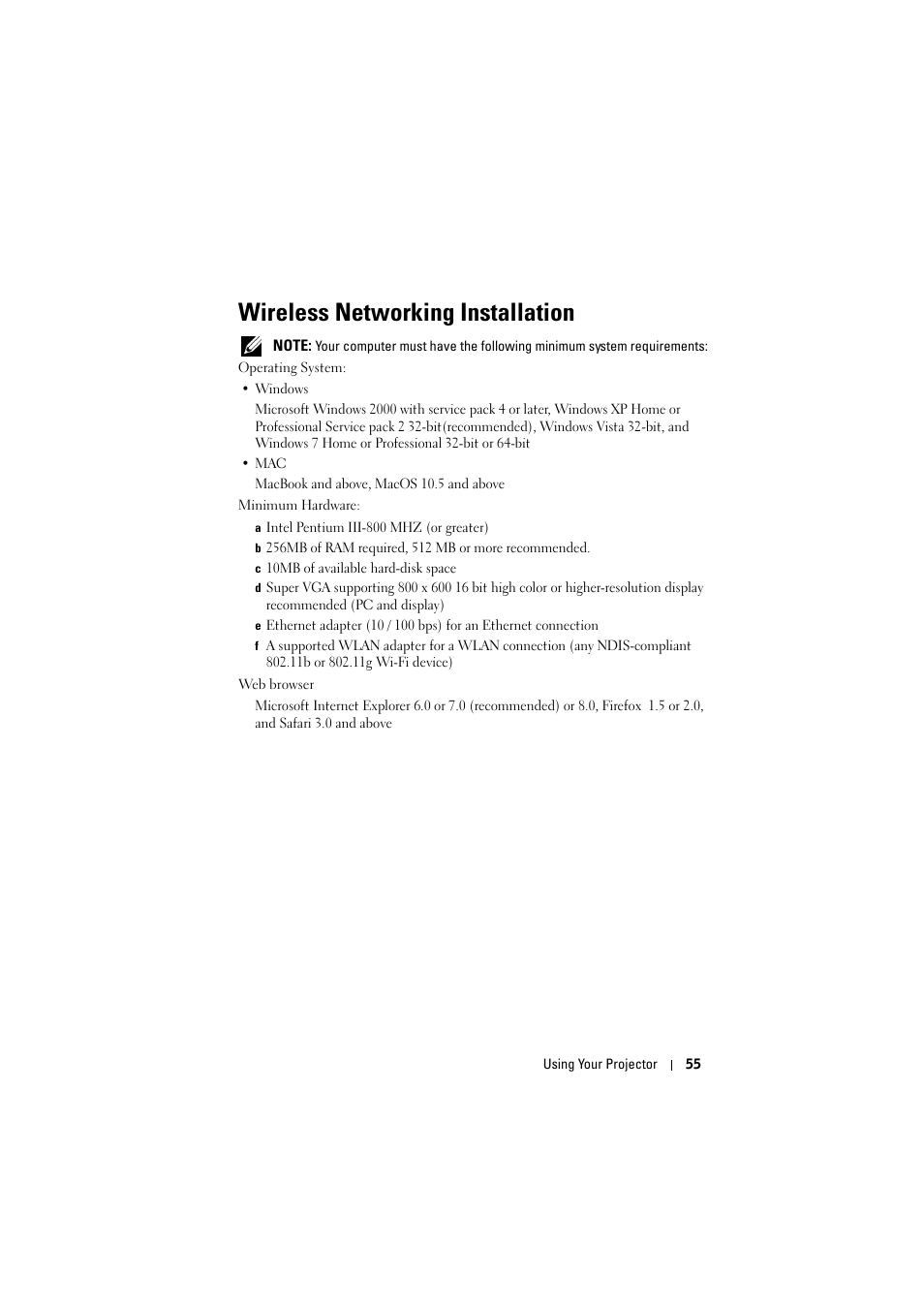 Wireless networking installation | Dell S300w Projector User Manual | Page 55 / 109