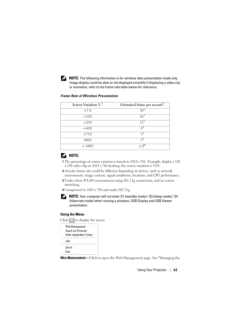 Frame rate of wireless presentation, Using the menu | Dell S300w Projector User Manual | Page 61 / 109