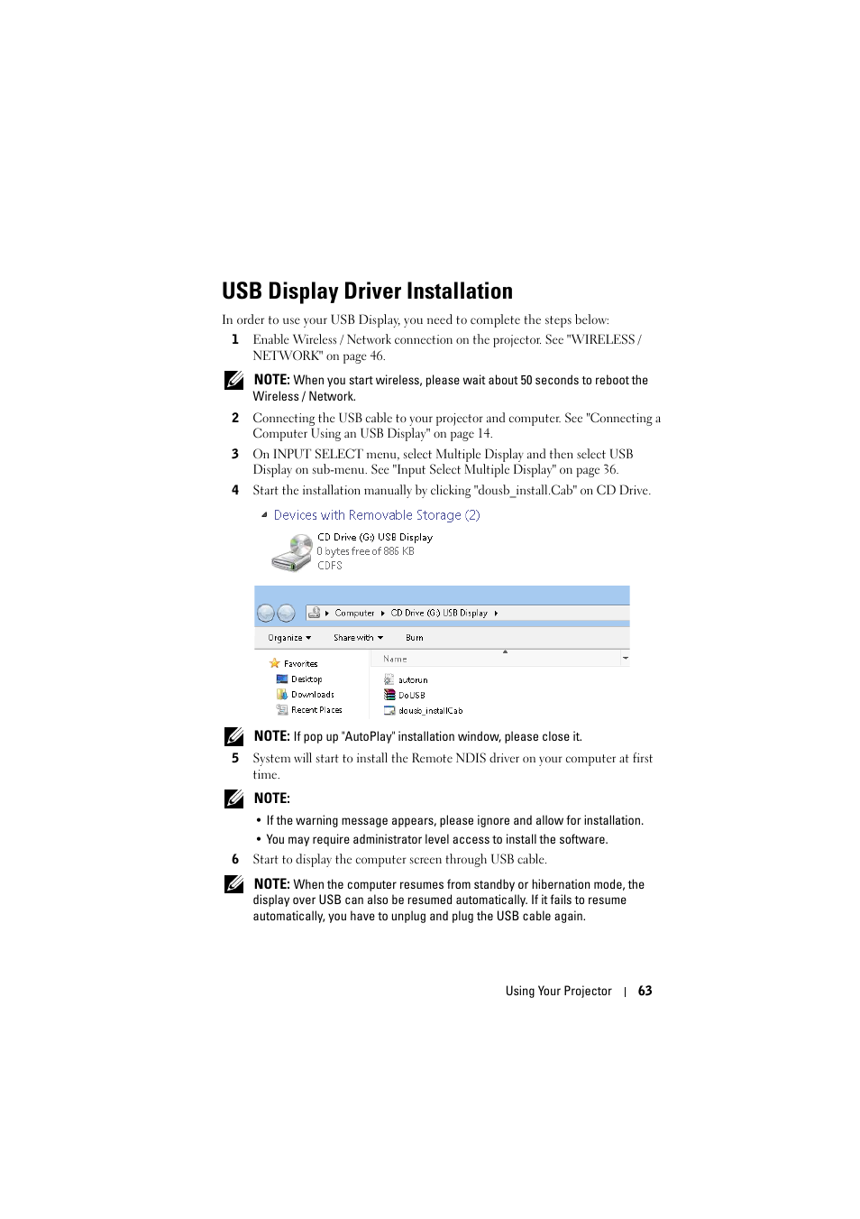 Usb display driver installation | Dell S300w Projector User Manual | Page 63 / 109