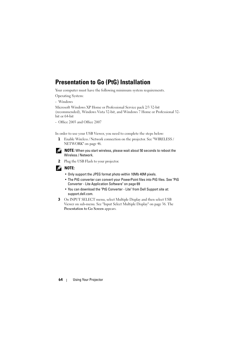 Presentation to go (ptg) installation | Dell S300w Projector User Manual | Page 64 / 109