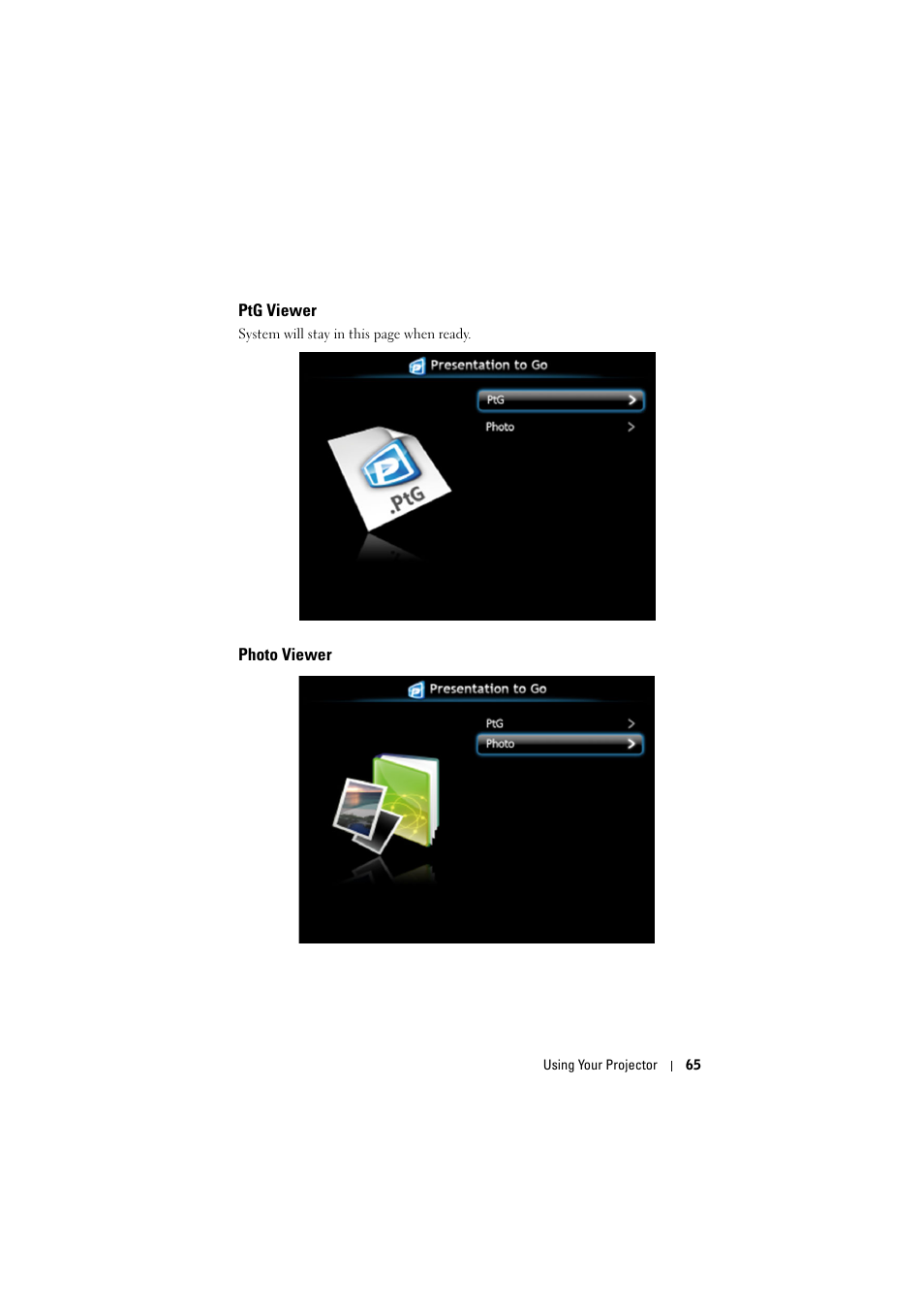 Ptg viewer, Photo viewer | Dell S300w Projector User Manual | Page 65 / 109