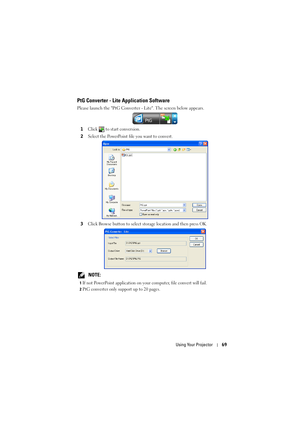 Ptg converter - lite application software, See "ptg | Dell S300w Projector User Manual | Page 69 / 109