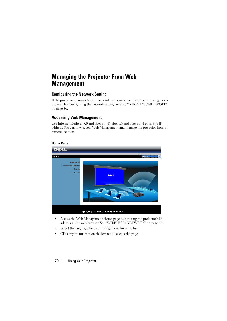 Managing the projector from web management, Configuring the network setting, Accessing web management | Dell S300w Projector User Manual | Page 70 / 109