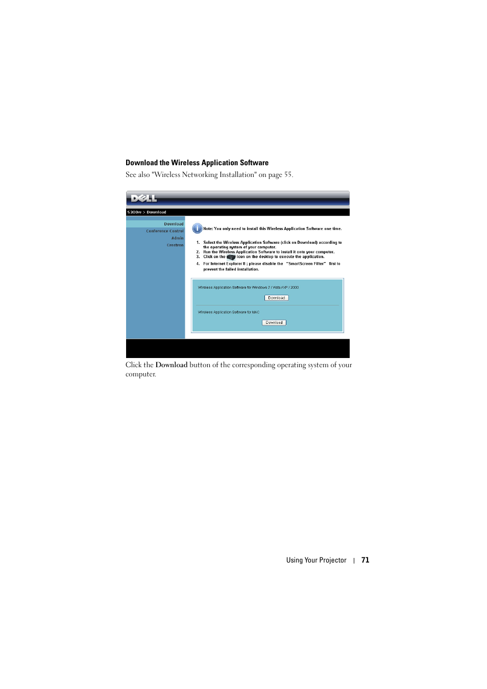 Download the wireless application software | Dell S300w Projector User Manual | Page 71 / 109