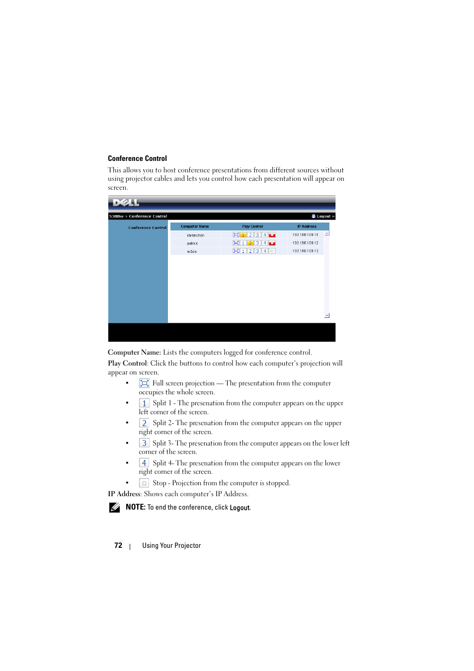 Conference control | Dell S300w Projector User Manual | Page 72 / 109