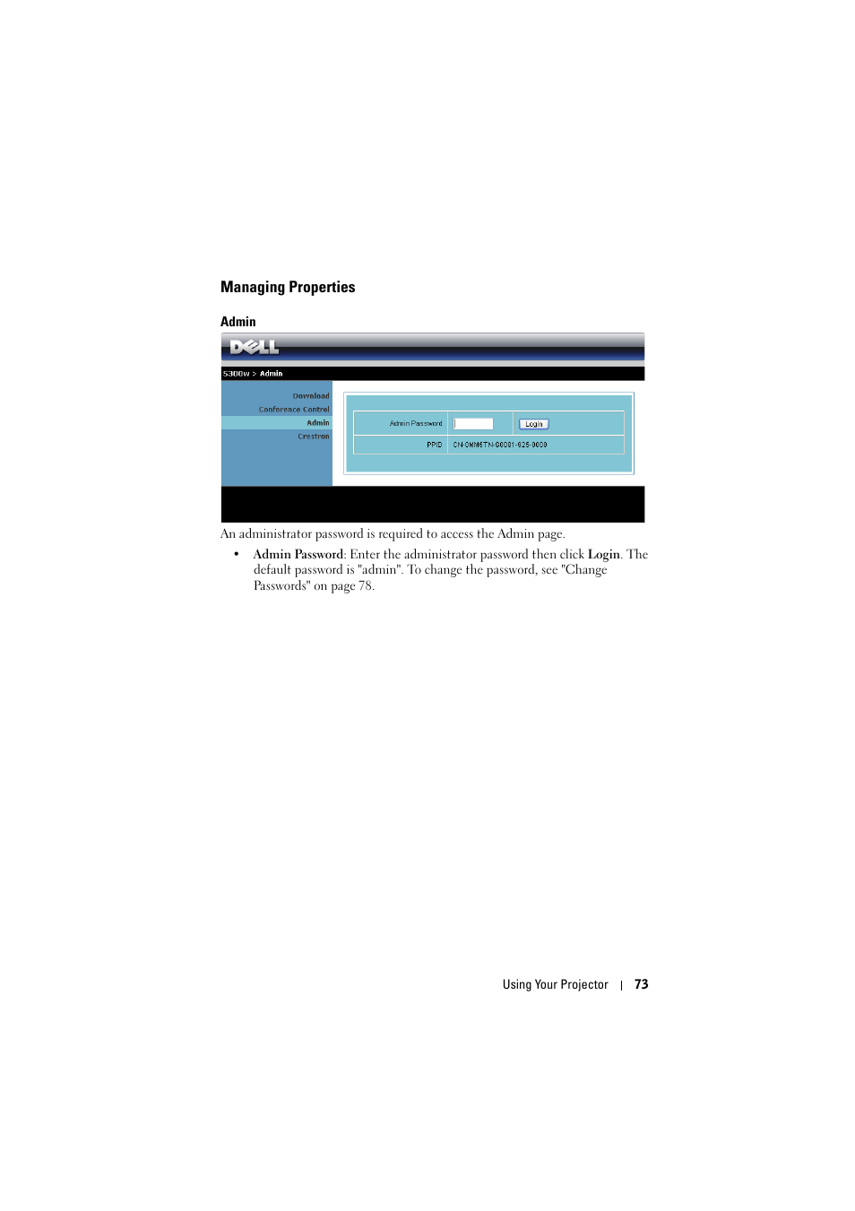 Managing properties, Admin | Dell S300w Projector User Manual | Page 73 / 109