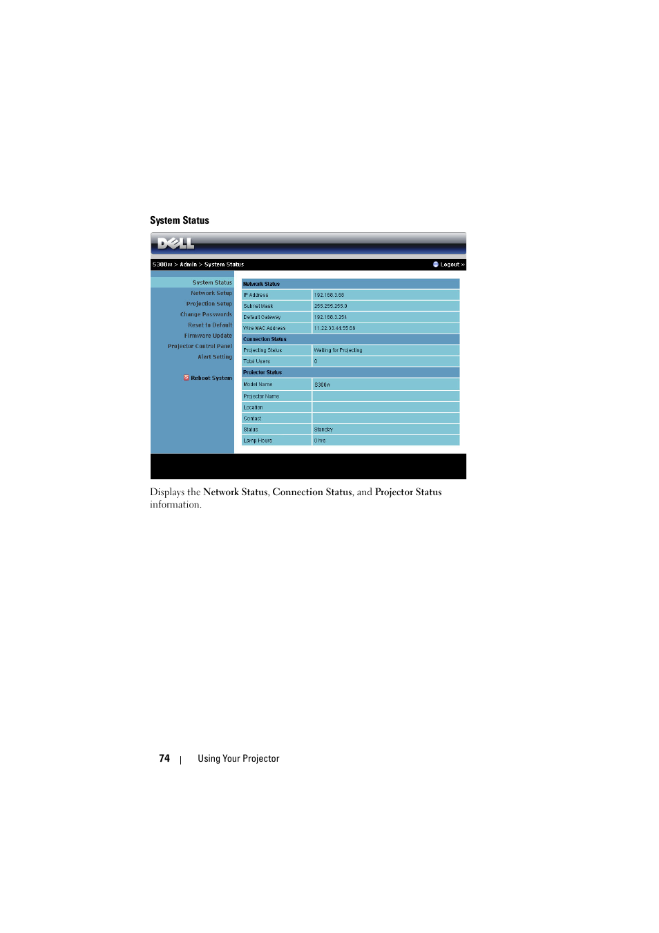 System status | Dell S300w Projector User Manual | Page 74 / 109