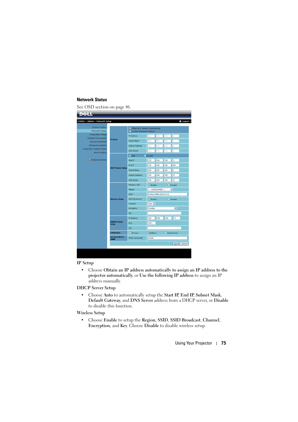 Network status | Dell S300w Projector User Manual | Page 75 / 109