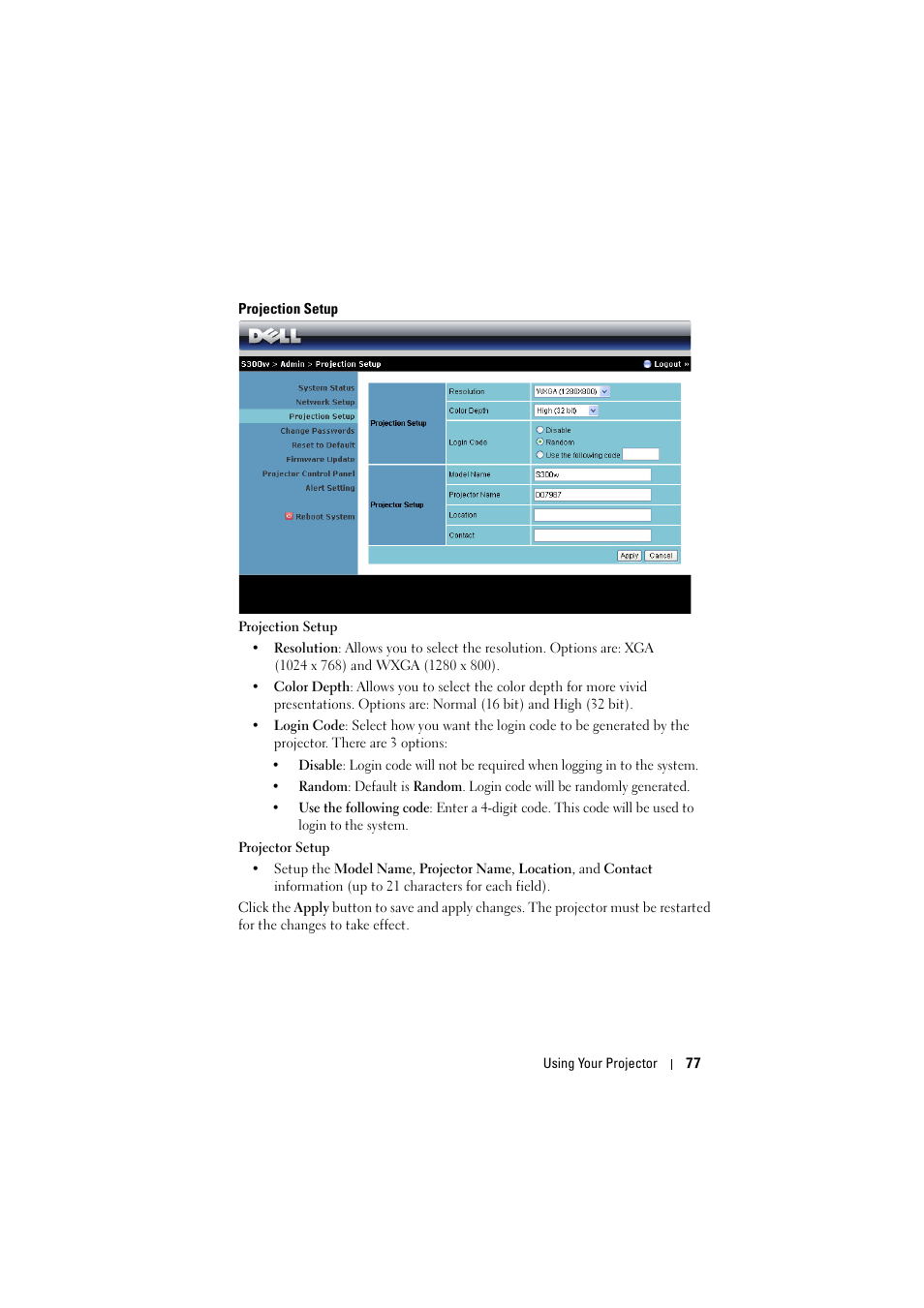 Projection setup | Dell S300w Projector User Manual | Page 77 / 109