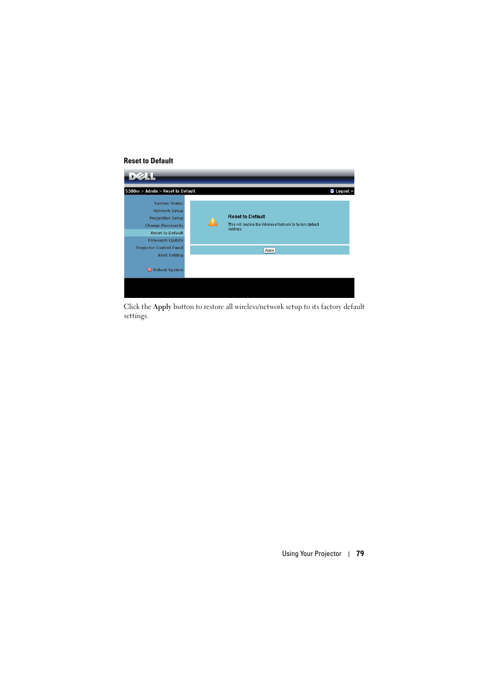 Reset to default | Dell S300w Projector User Manual | Page 79 / 109