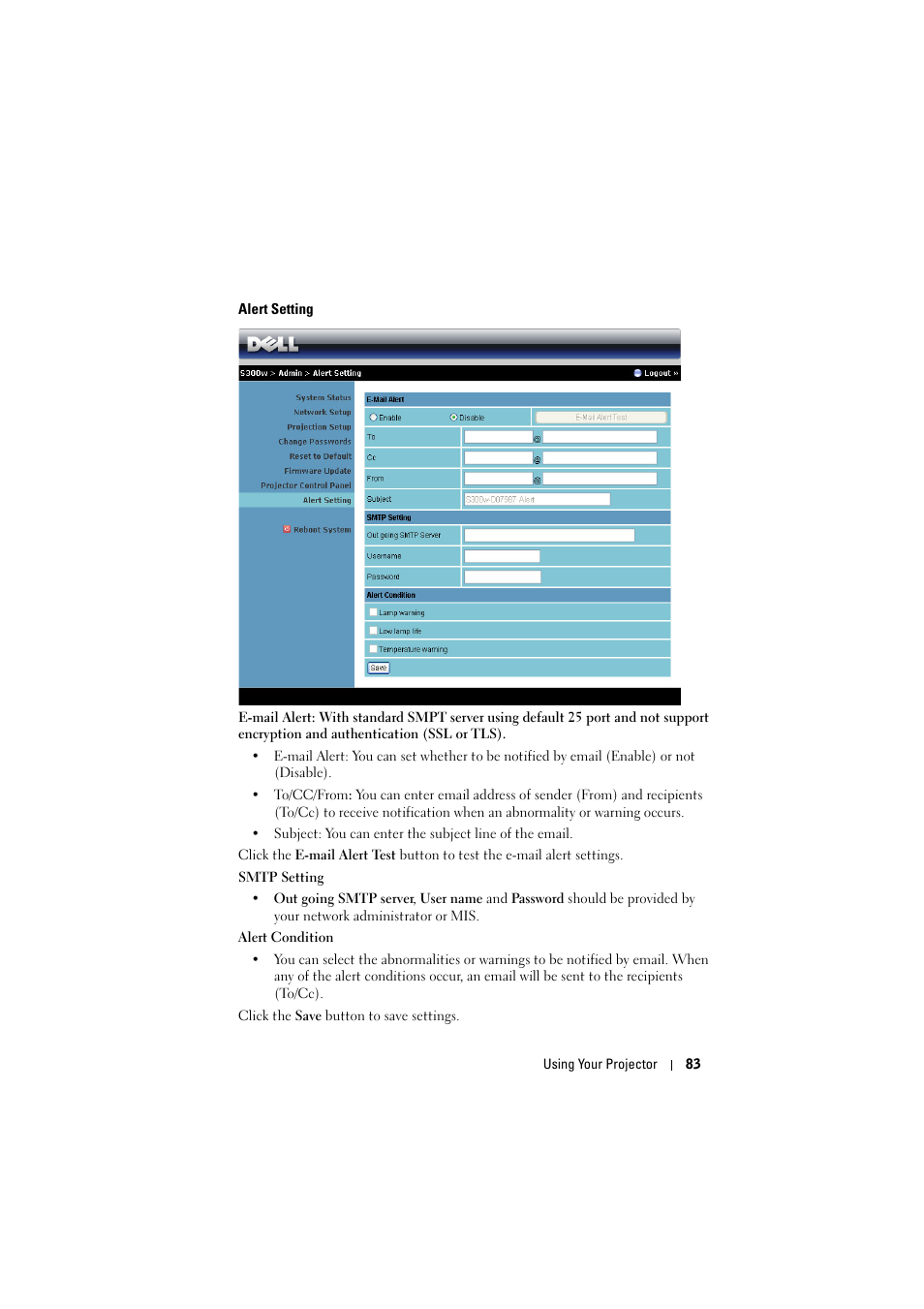 Alert setting | Dell S300w Projector User Manual | Page 83 / 109