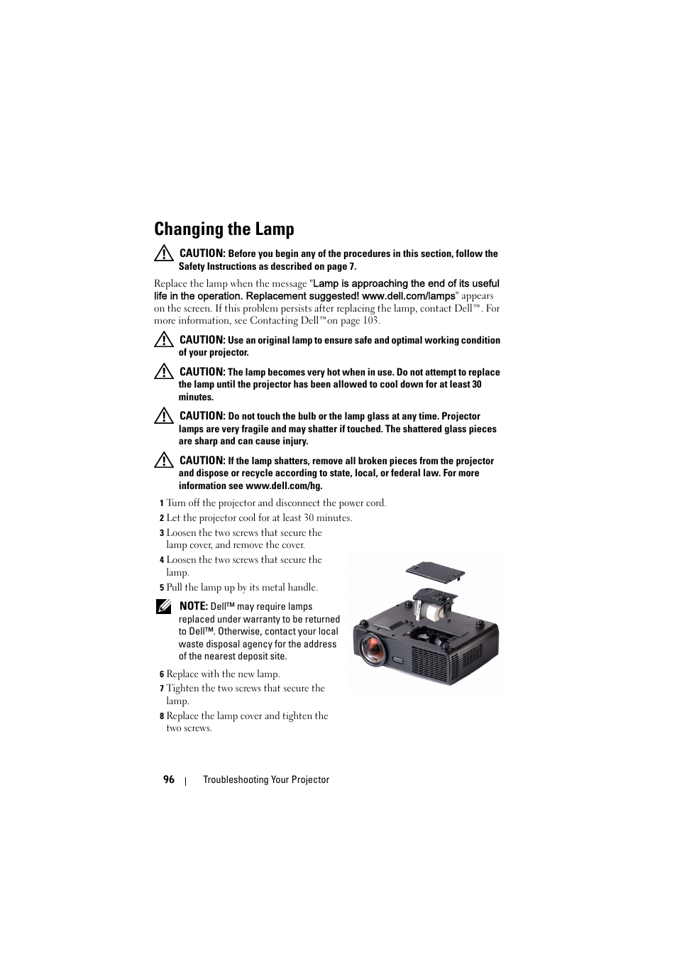 Changing the lamp | Dell S300w Projector User Manual | Page 96 / 109