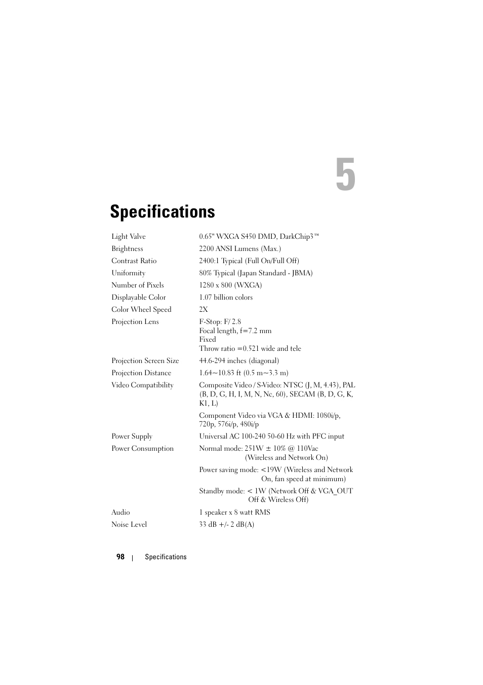 Specifications | Dell S300w Projector User Manual | Page 98 / 109