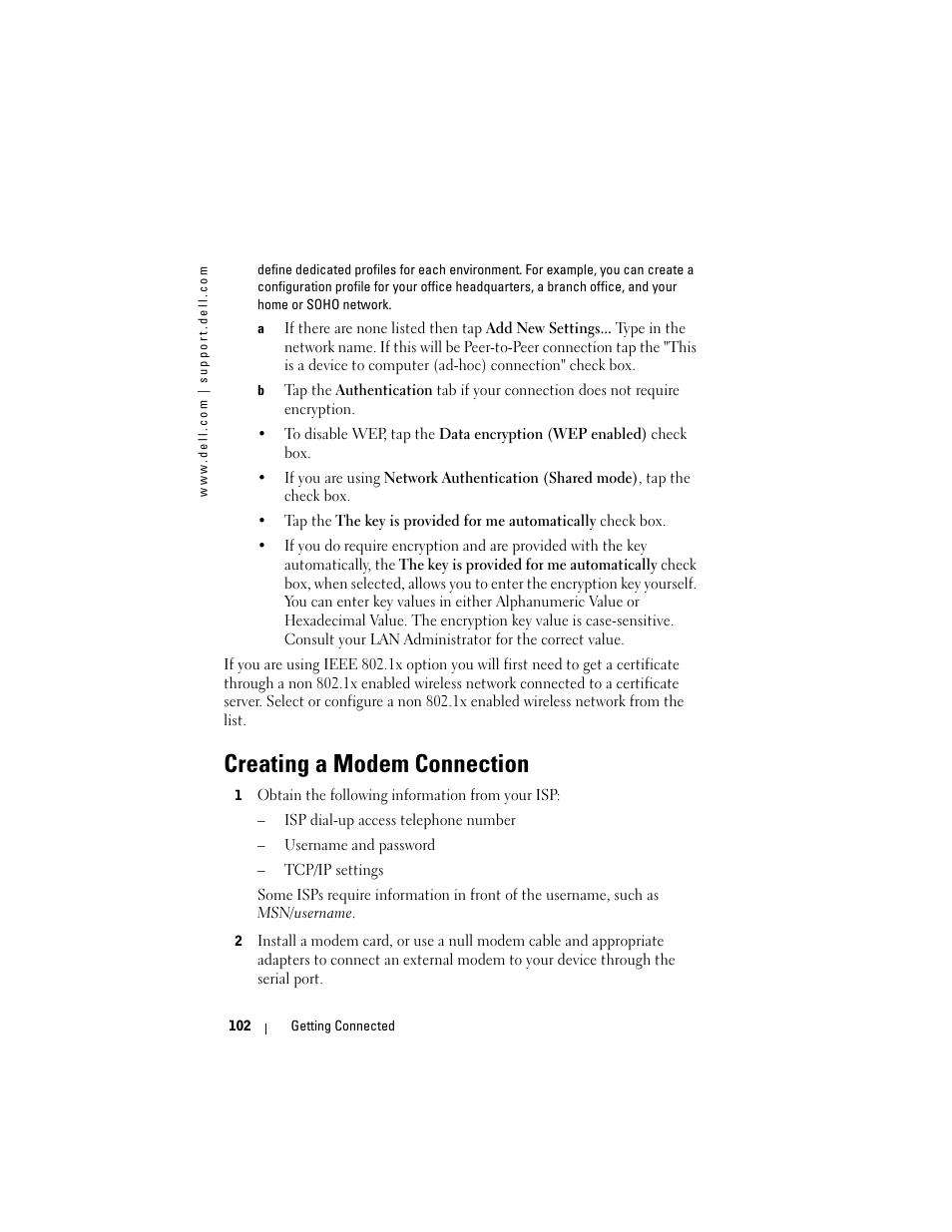 Creating a modem connection | Dell AXIM X3 User Manual | Page 102 / 178