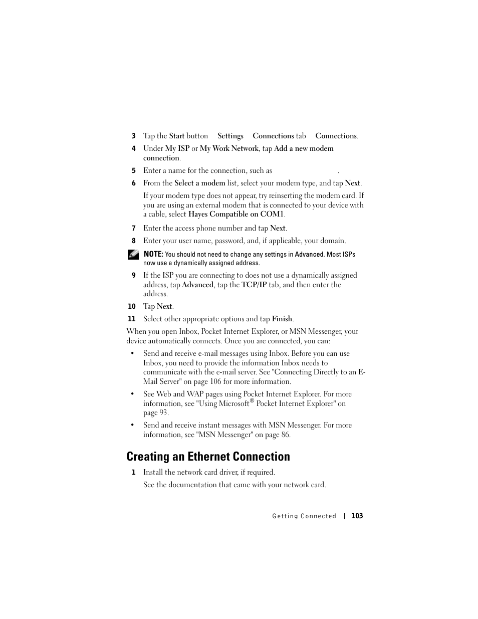 Creating an ethernet connection | Dell AXIM X3 User Manual | Page 103 / 178