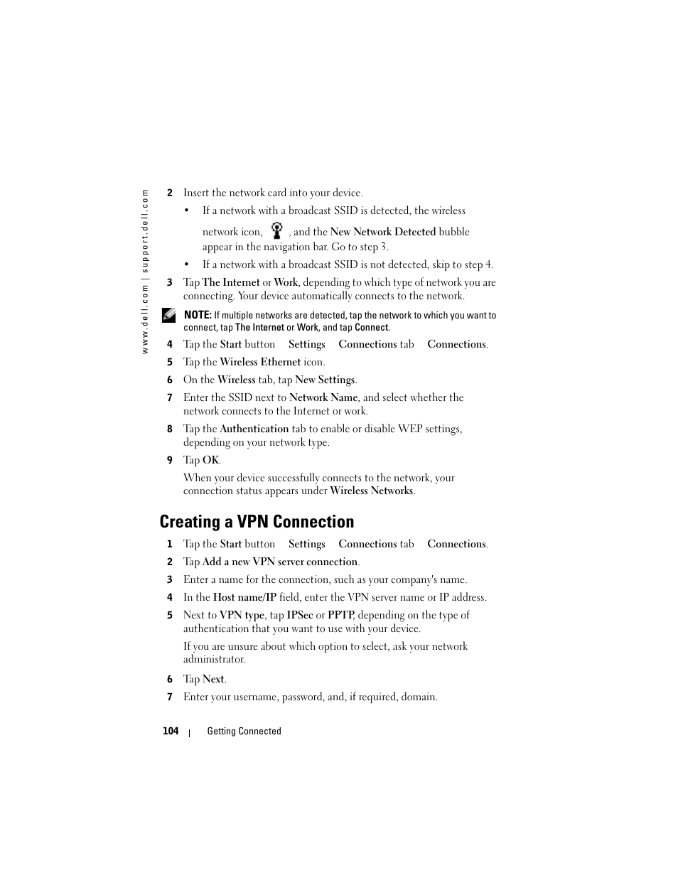 Creating a vpn connection | Dell AXIM X3 User Manual | Page 104 / 178