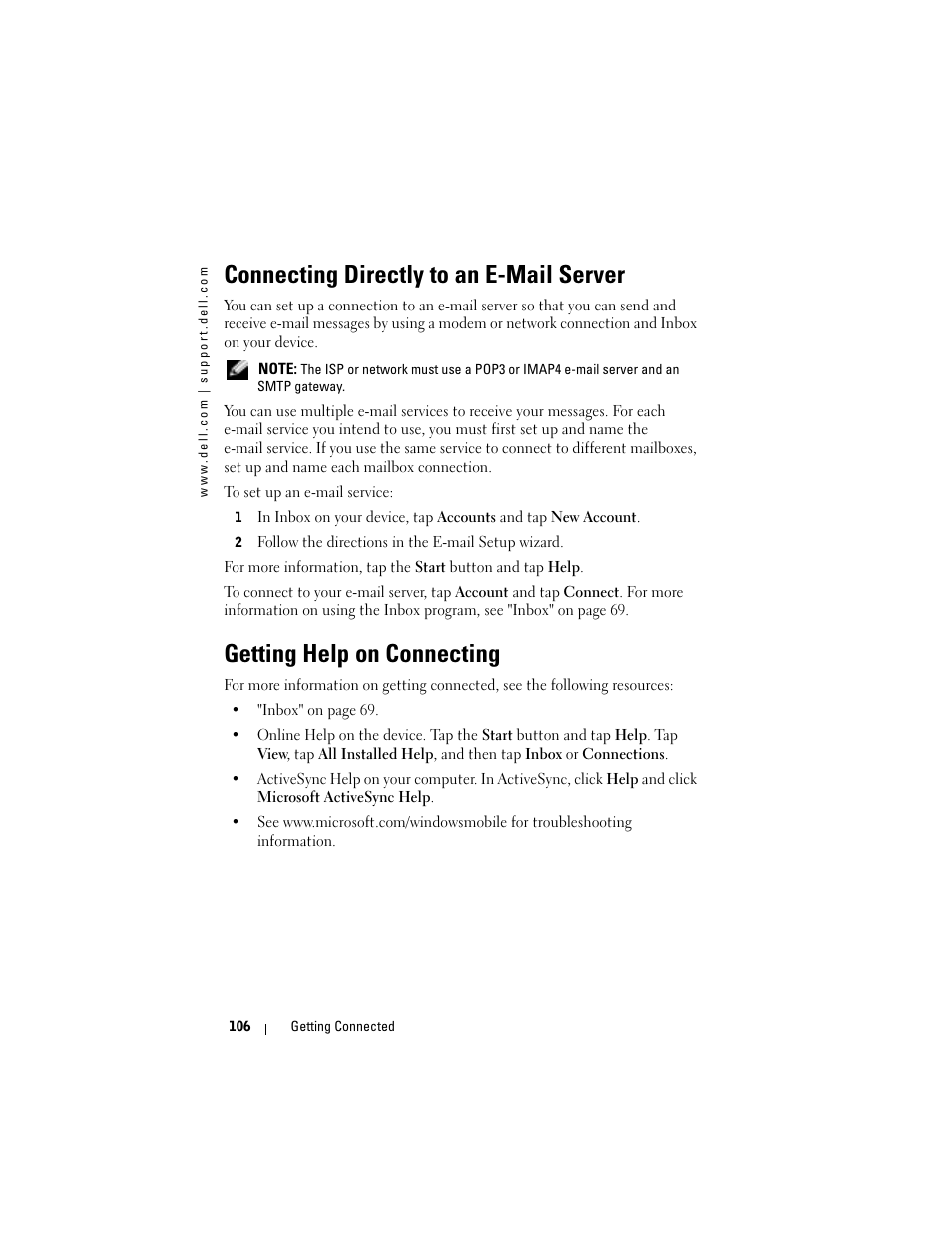 Connecting directly to an e-mail server, Getting help on connecting | Dell AXIM X3 User Manual | Page 106 / 178