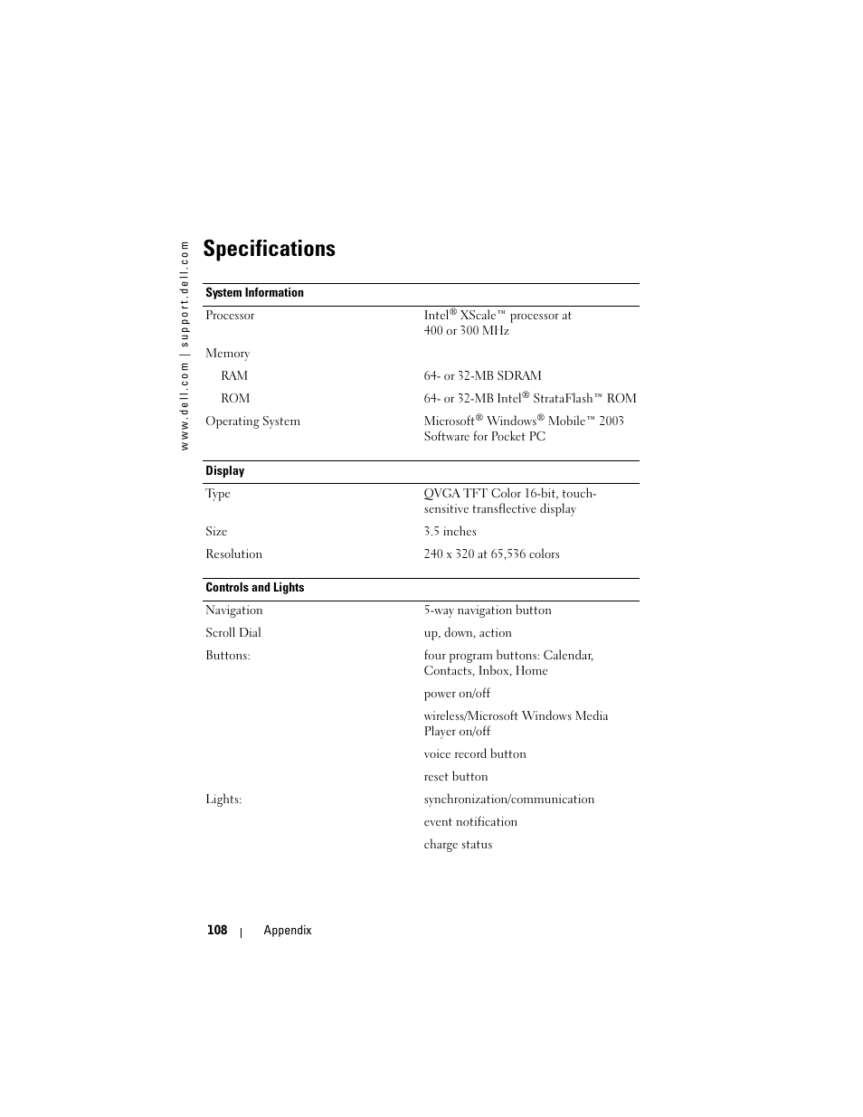 Specifications | Dell AXIM X3 User Manual | Page 108 / 178