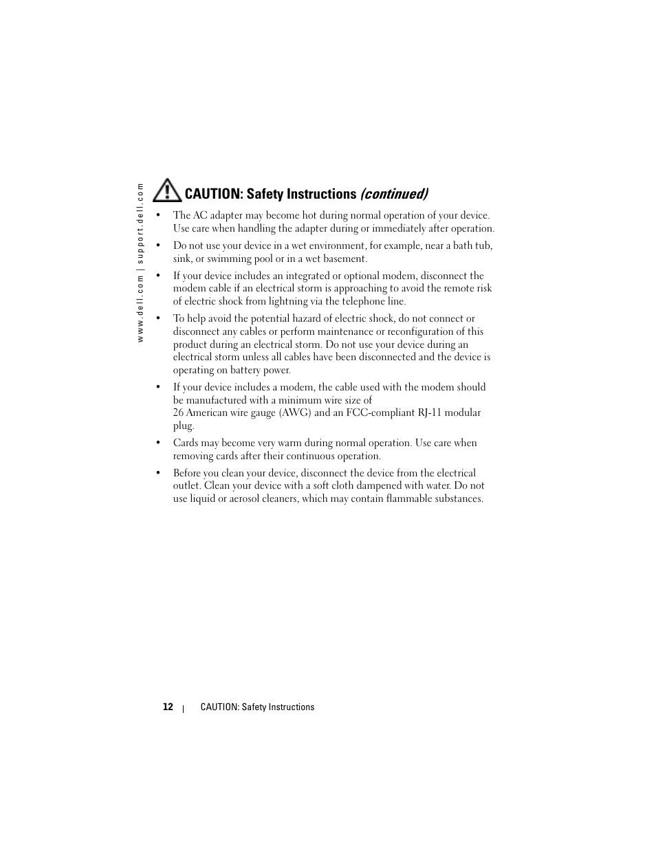 Caution: safety instructions (continued) | Dell AXIM X3 User Manual | Page 12 / 178