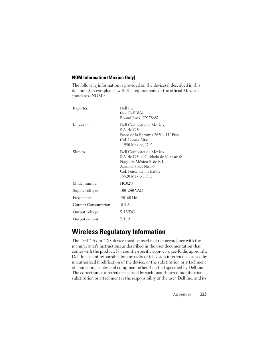 Wireless regulatory information | Dell AXIM X3 User Manual | Page 123 / 178