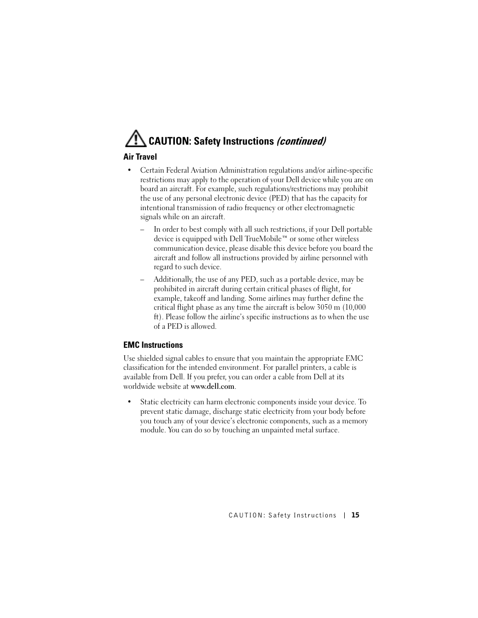 Caution: safety instructions (continued) | Dell AXIM X3 User Manual | Page 15 / 178