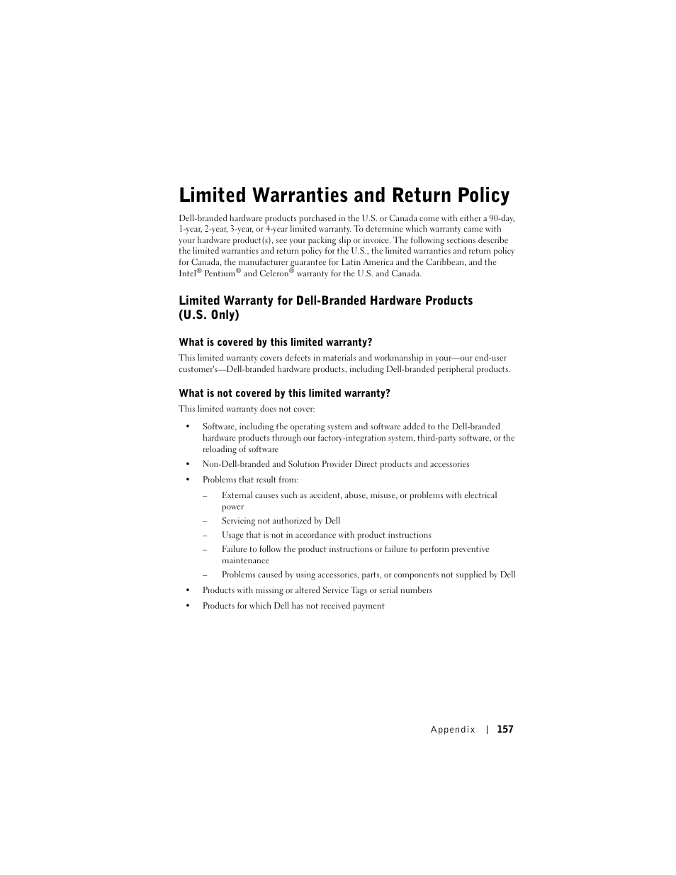 Limited warranties and return policy | Dell AXIM X3 User Manual | Page 157 / 178