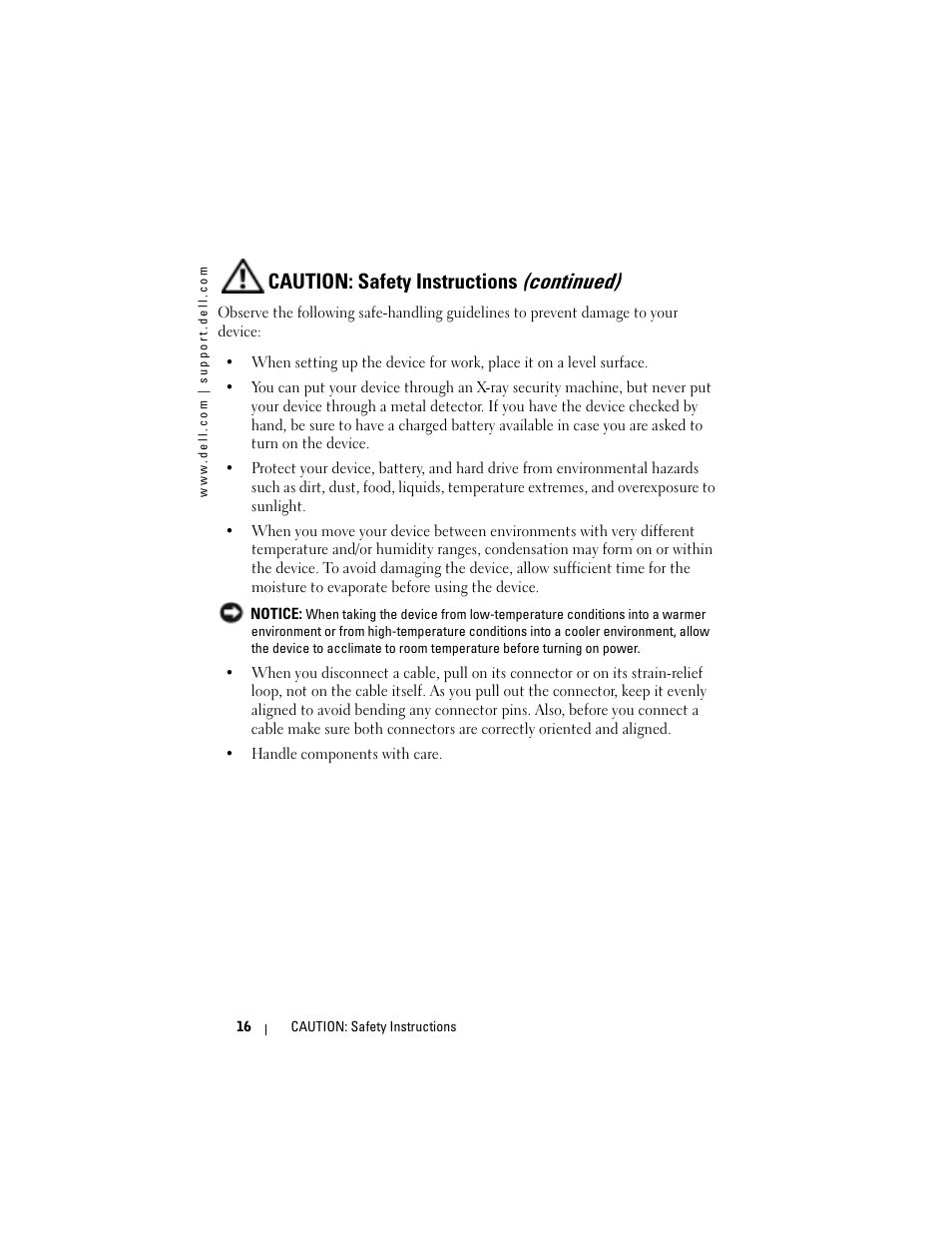 Caution: safety instructions (continued) | Dell AXIM X3 User Manual | Page 16 / 178