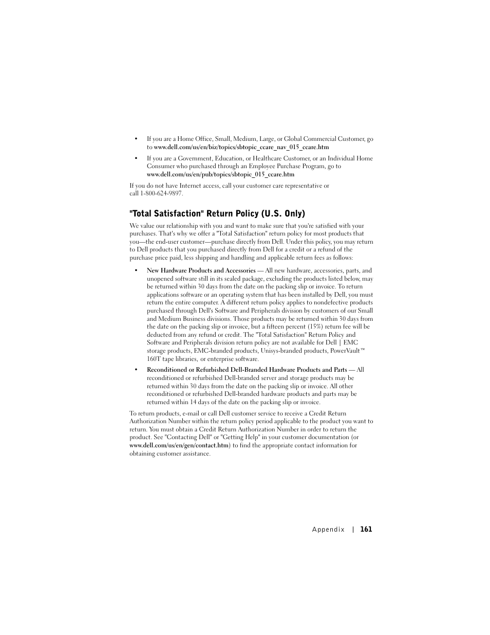 Total satisfaction" return policy (u.s. only) | Dell AXIM X3 User Manual | Page 161 / 178