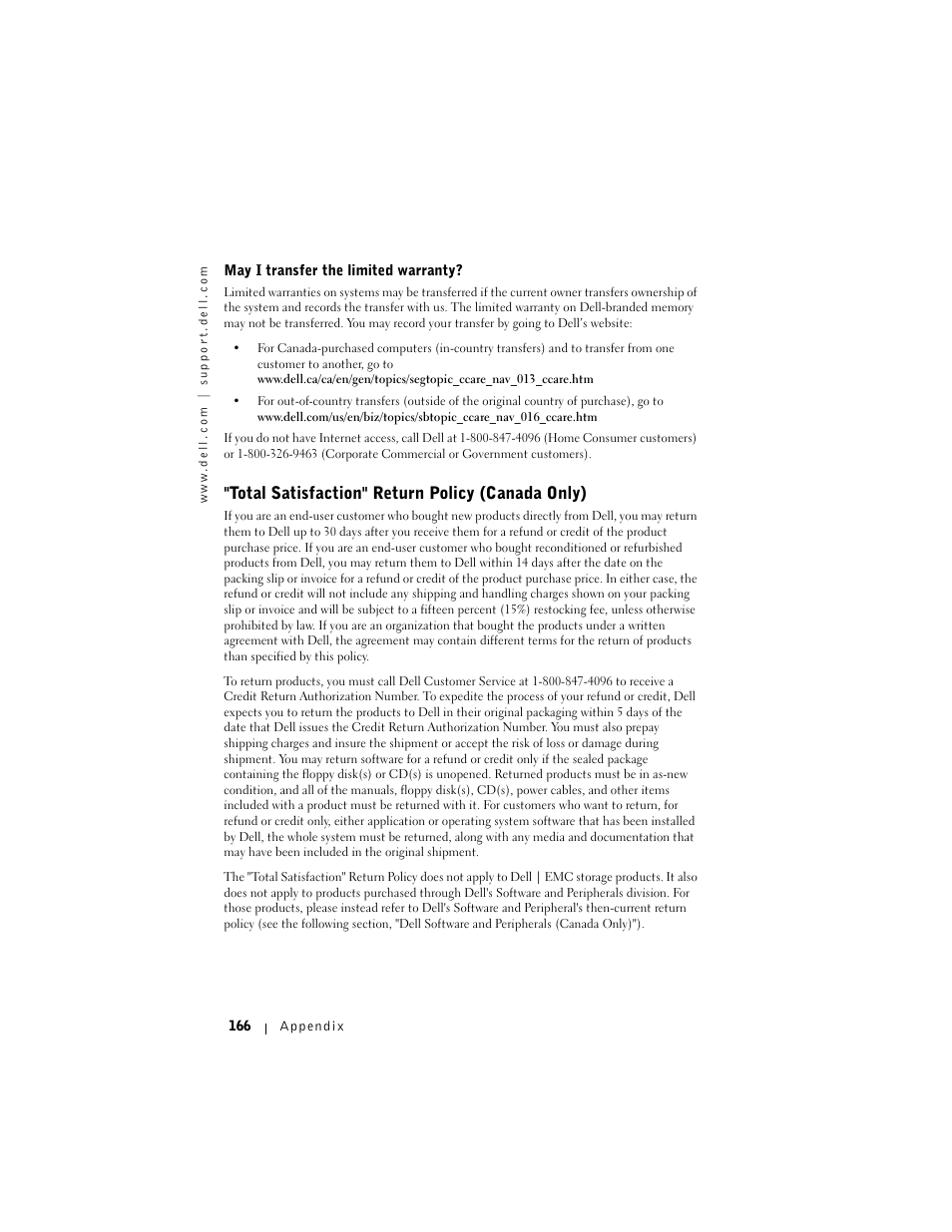 Total satisfaction" return policy (canada only) | Dell AXIM X3 User Manual | Page 166 / 178