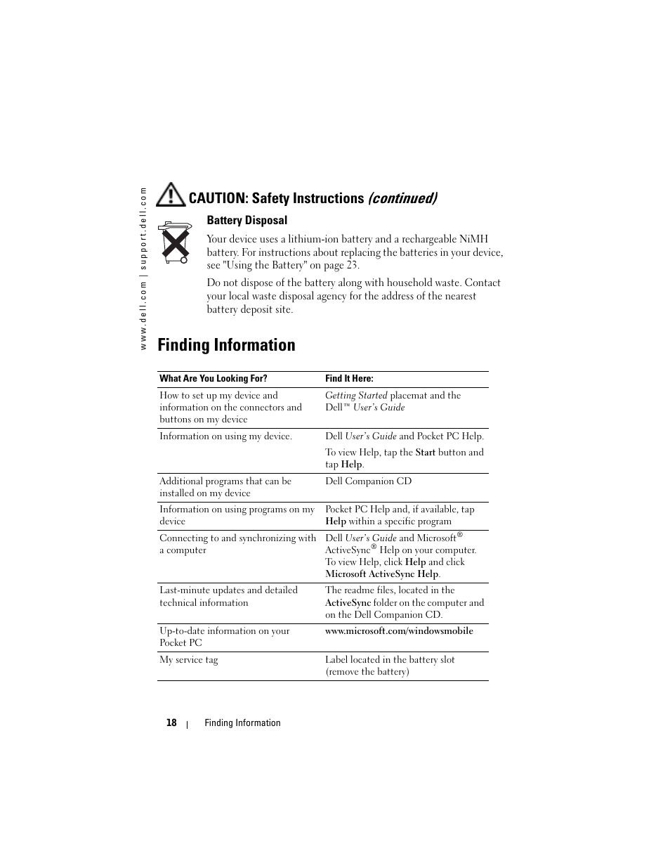 Finding information, Caution: safety instructions (continued) | Dell AXIM X3 User Manual | Page 18 / 178