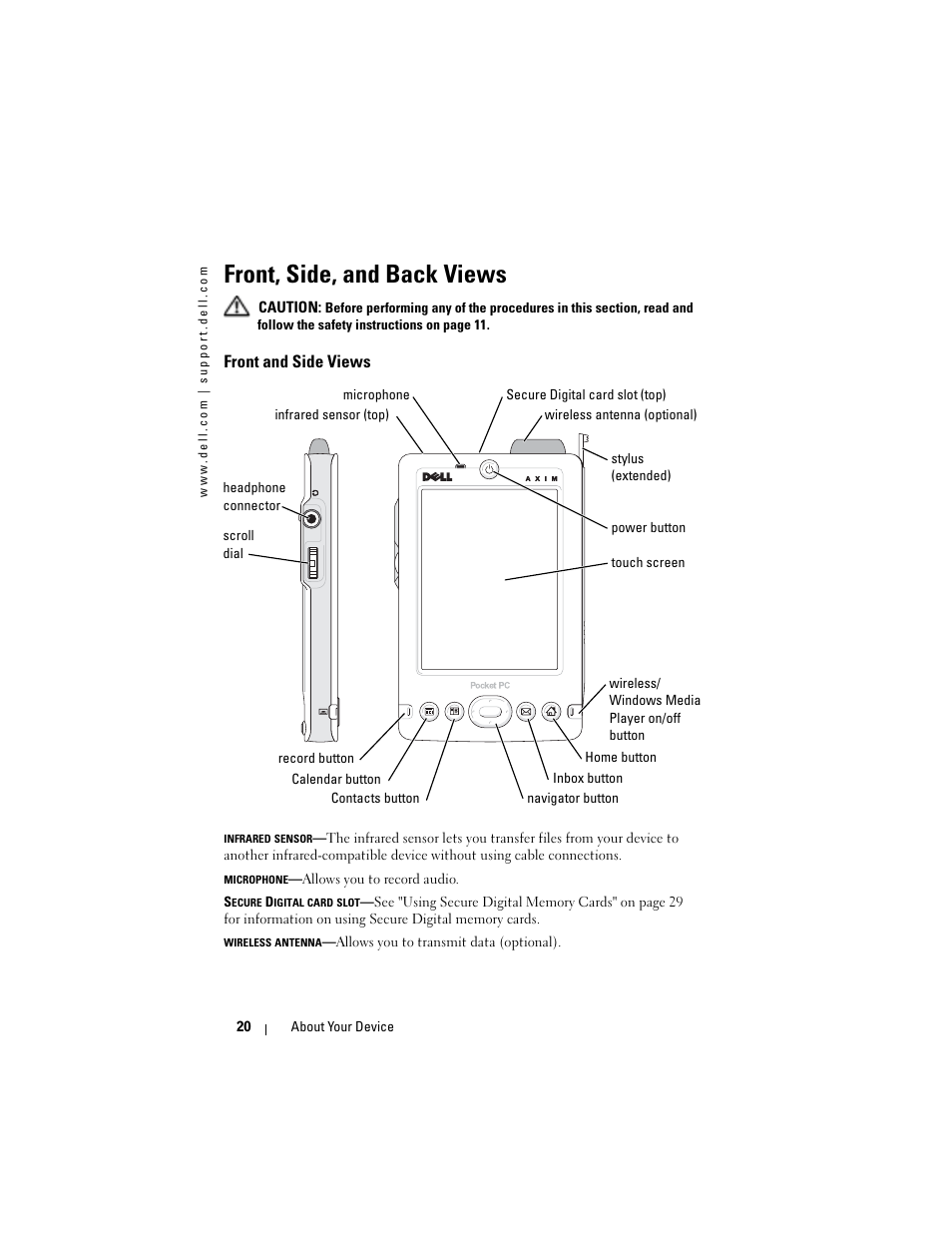 Front, side, and back views | Dell AXIM X3 User Manual | Page 20 / 178