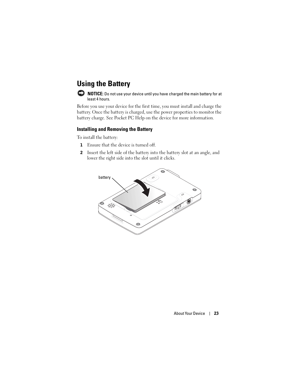 Using the battery | Dell AXIM X3 User Manual | Page 23 / 178