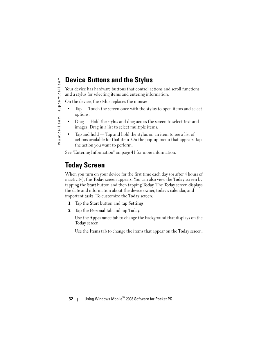 Device buttons and the stylus, Today screen | Dell AXIM X3 User Manual | Page 32 / 178