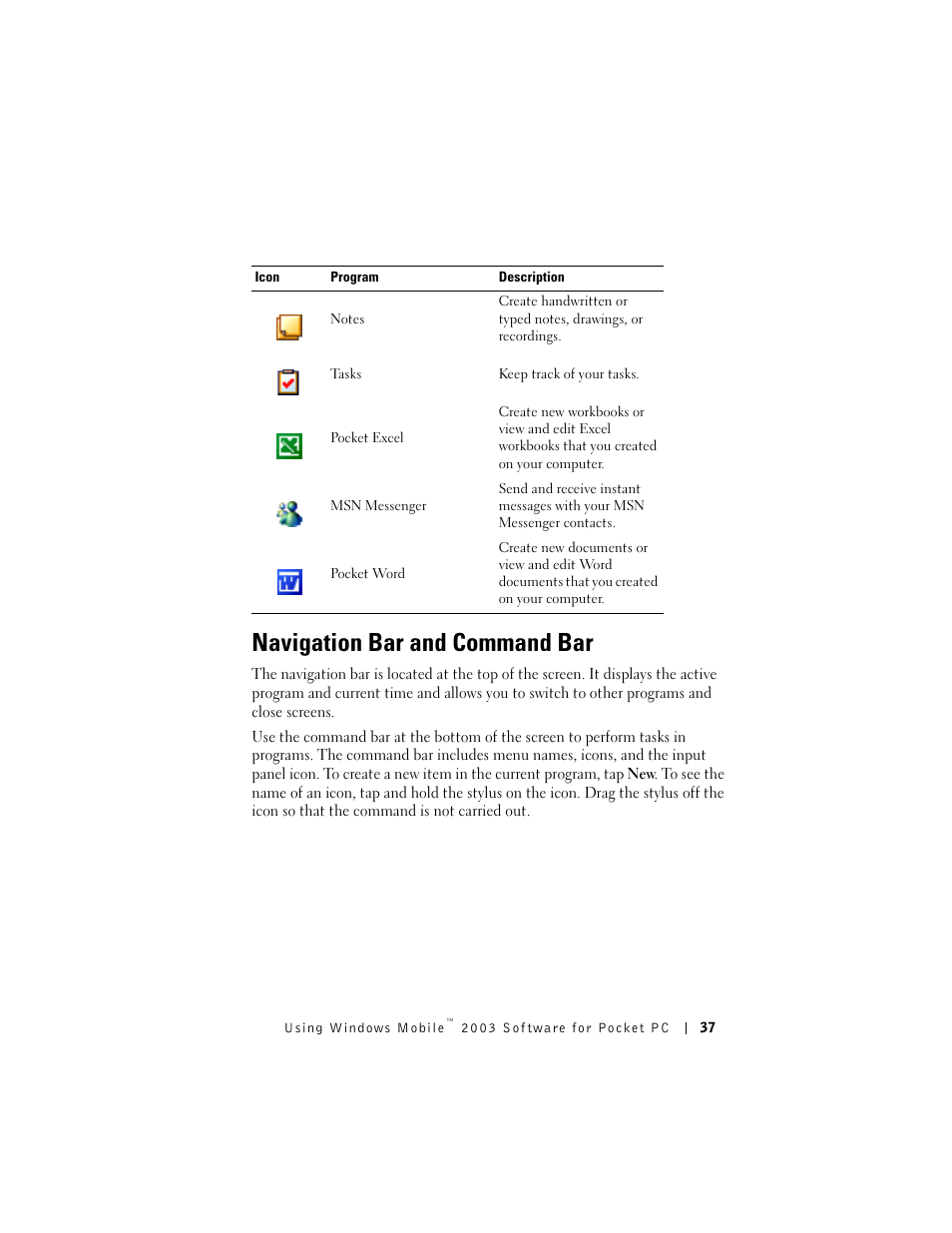 Navigation bar and command bar | Dell AXIM X3 User Manual | Page 37 / 178