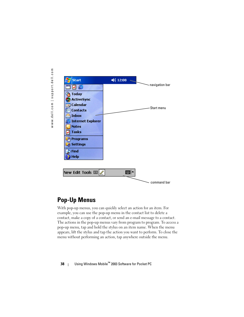 Pop-up menus | Dell AXIM X3 User Manual | Page 38 / 178