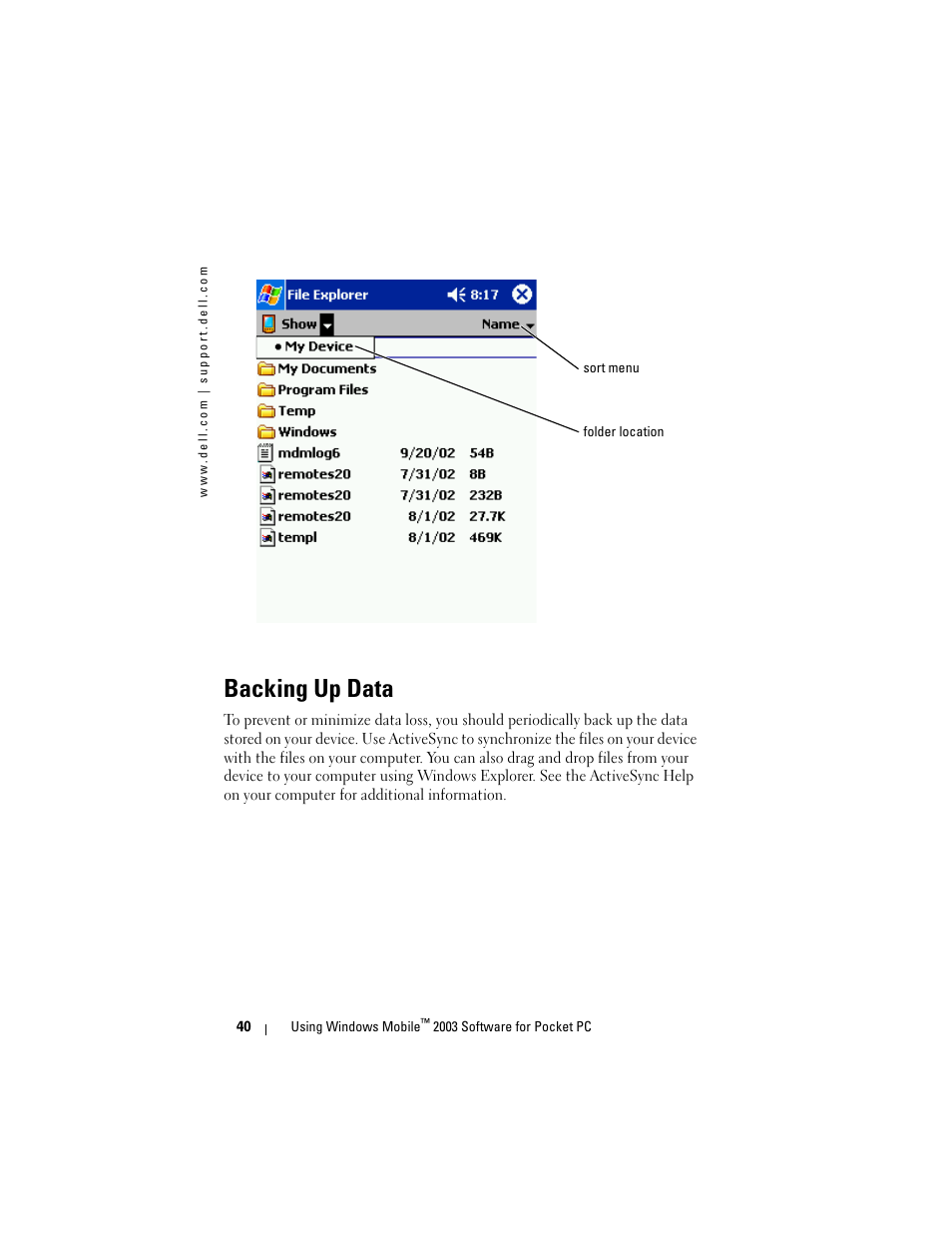 Backing up data | Dell AXIM X3 User Manual | Page 40 / 178