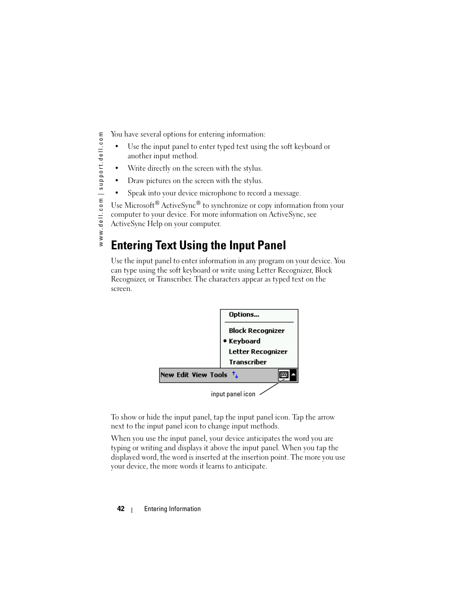 Entering text using the input panel | Dell AXIM X3 User Manual | Page 42 / 178