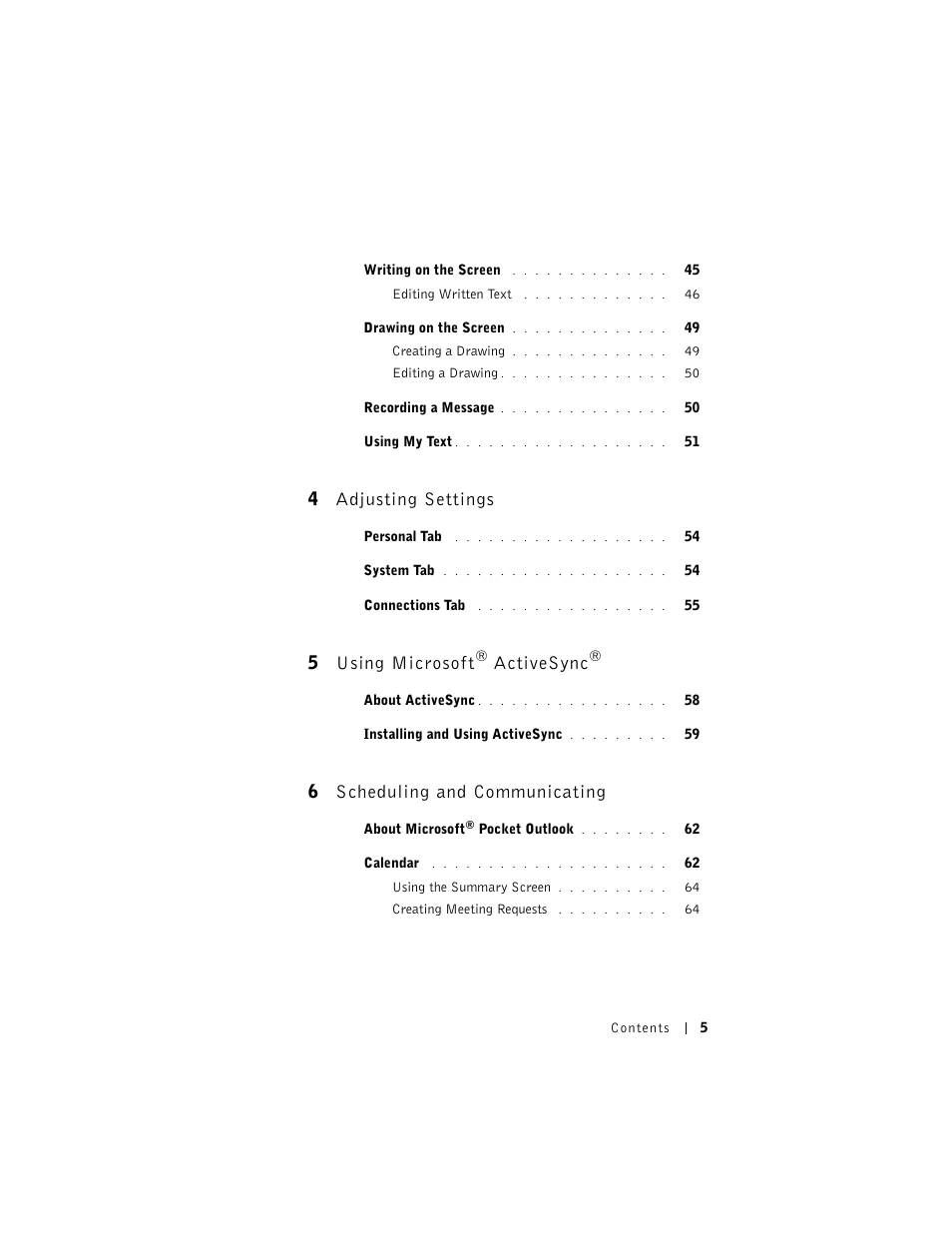 4 adjusting settings, 5 using microsoft, Activesync | 6 scheduling and communicating | Dell AXIM X3 User Manual | Page 5 / 178