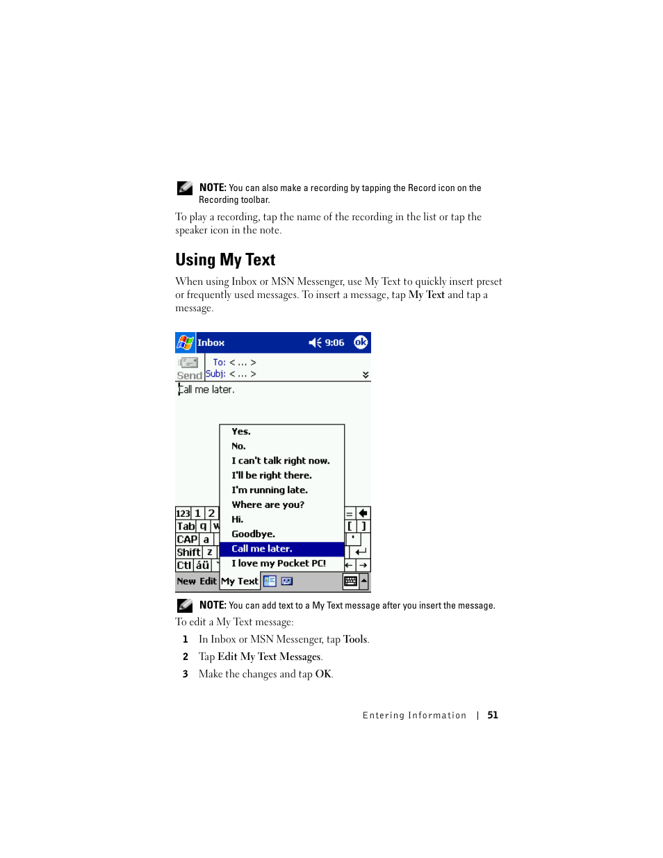 Using my text | Dell AXIM X3 User Manual | Page 51 / 178