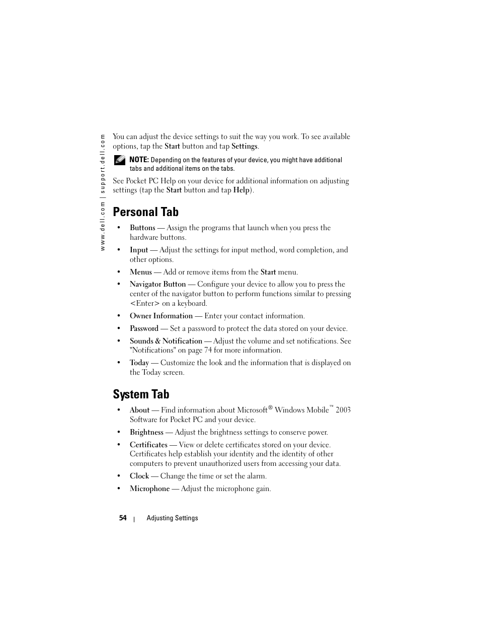 Personal tab, System tab | Dell AXIM X3 User Manual | Page 54 / 178