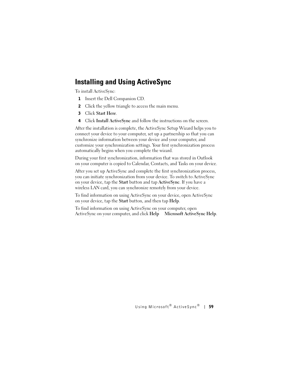 Installing and using activesync | Dell AXIM X3 User Manual | Page 59 / 178